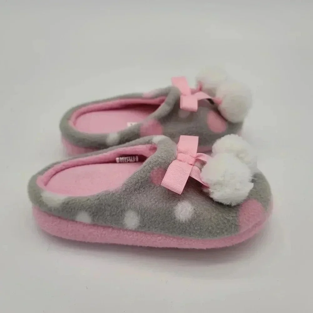 Wonder Nation Girls Gray & Pink Polka Dot Slippers Pom Pom House Shoes Girl
